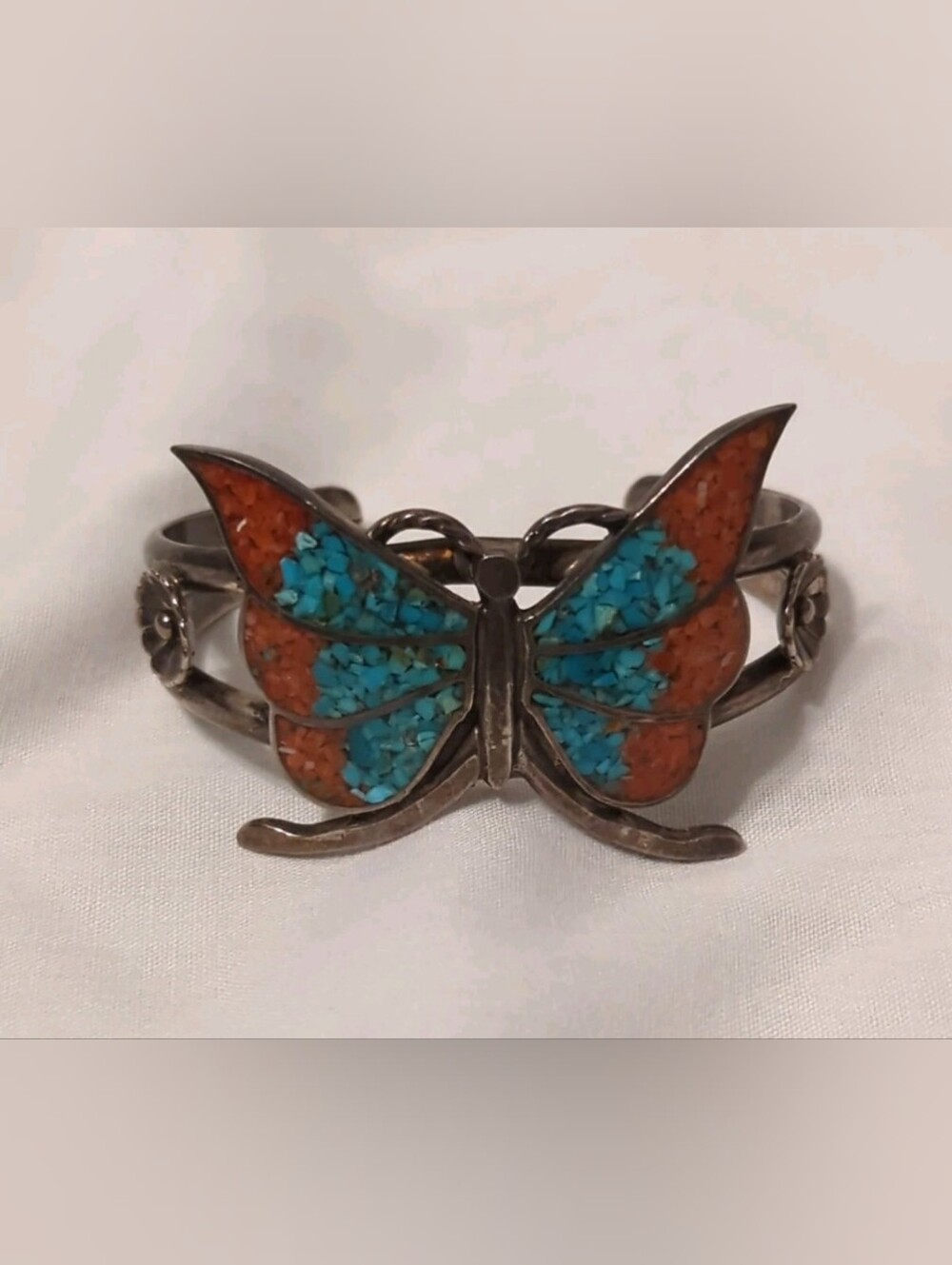 Vintage Turquoise Coral Butterfly Inlay Bracelet Mosaic Detailed Great Gift